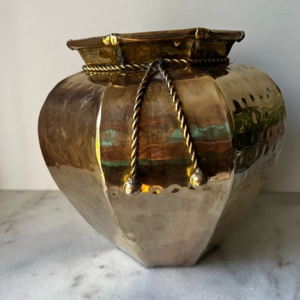 Elegant Gold Vase with Rope Detail vintage brass planter